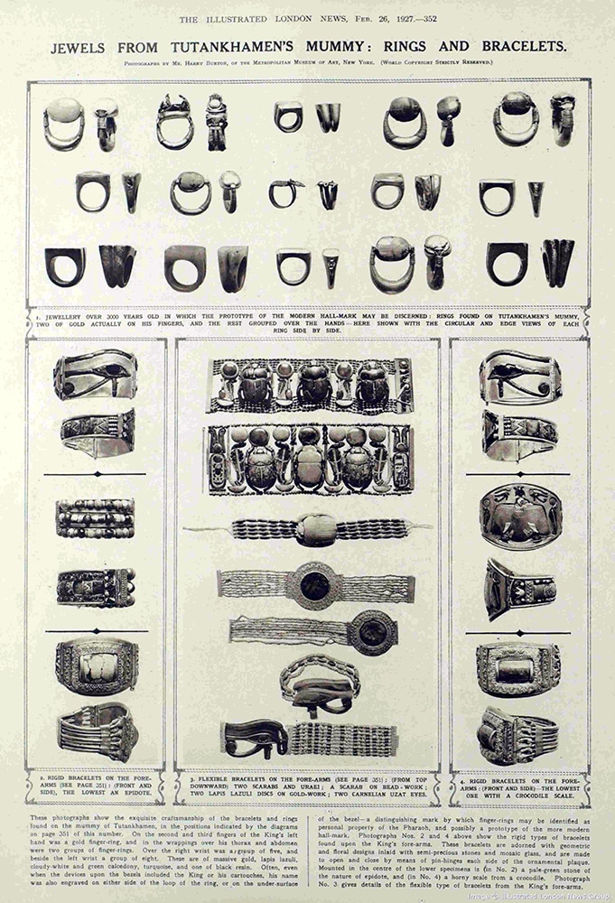 Jewels from Tutankhamun's Mummy Rings and Bracelets. The Illustrated London News, February 26, 1927.