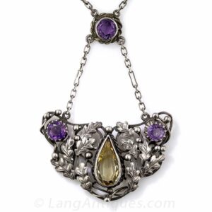 Arts & Crafts Amethyst and Citrine Silver Necklace.