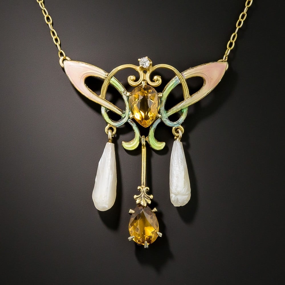 Art Nouveau Citrine, Diamond, and Enamel Necklace, Ehrlich & Sinnock