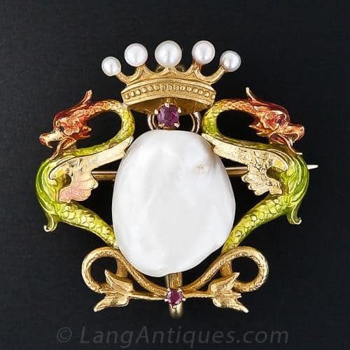 Art Nouveau Freshwater Pearl and Enamel Brooch.
