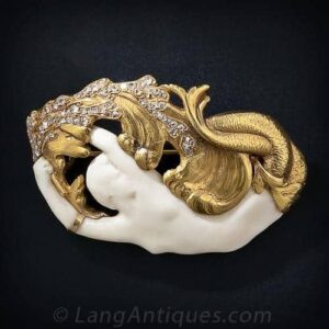 Art Nouveau Ivory and Gold Mermaid Brooch.