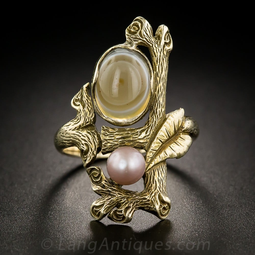 Arts & Crafts Agate and Natural Pearl Ring.