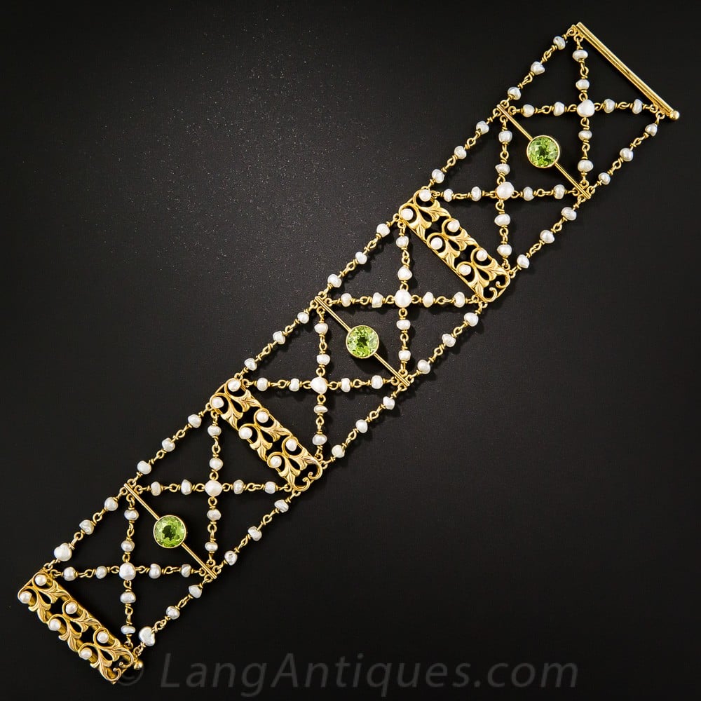 Art Nouveau Peridot and Pearl Bracelet.