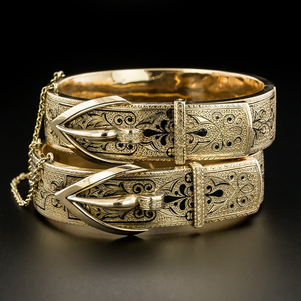 Pair of Victorian Black Enamel Buckle Motif Bracelets.