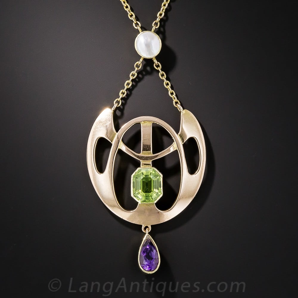 Arts & Crafts Peridot and Amethyst Necklace.