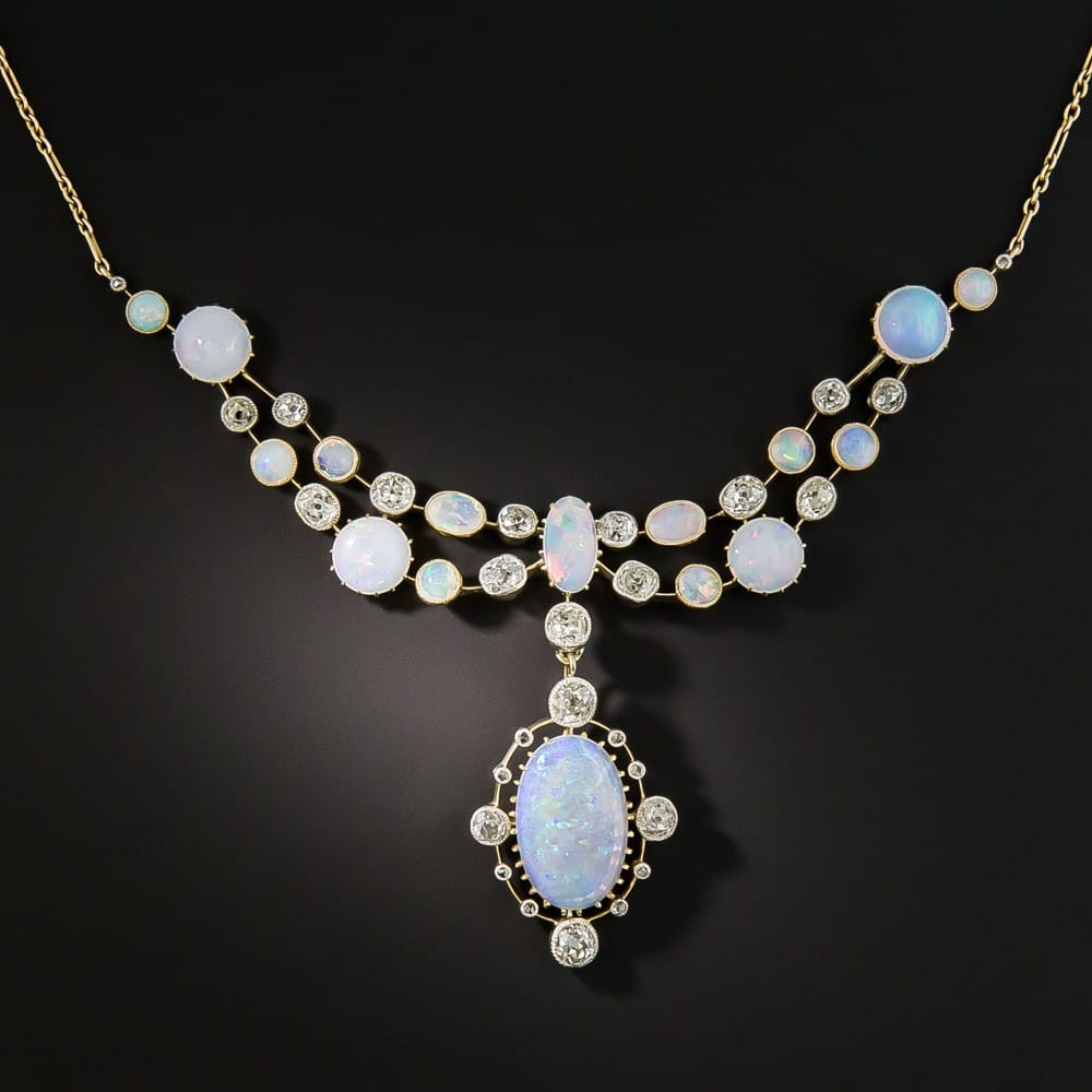 English Victorian Opal and Diamond Festoon Necklace. Antique Jewelry