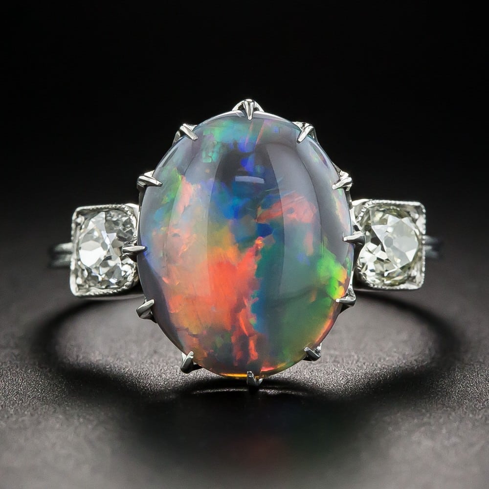 Vintage Black Opal and Diamond Ring Exhibiting Play-of-Color.