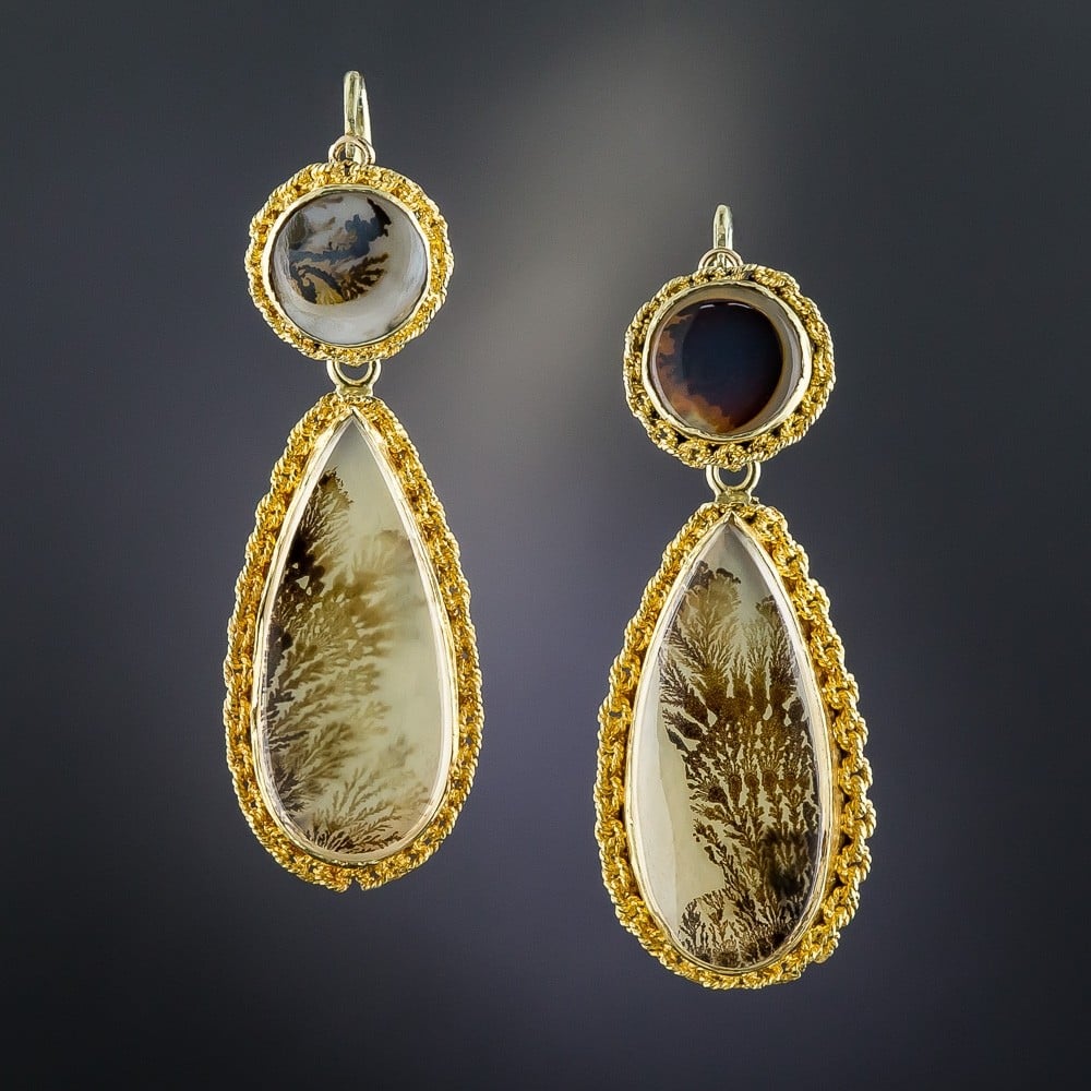 Victorian Moss Agate Day and Night Earrings.