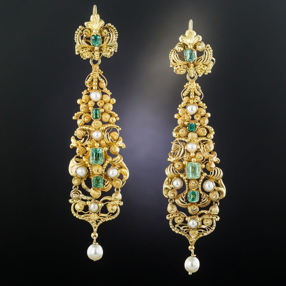 Georgian Emerald and Pearl Cannetille Earrings.