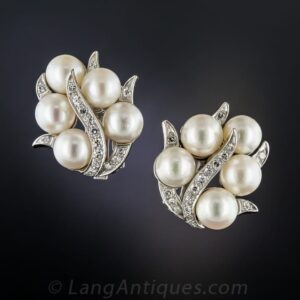 Mid-Century Cultured Pearl and Diamond Ear Clips.