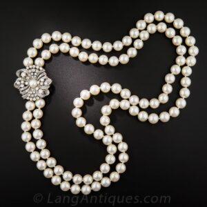 Mid-Century Cultured Pearl Necklace with Diamond Clasp.