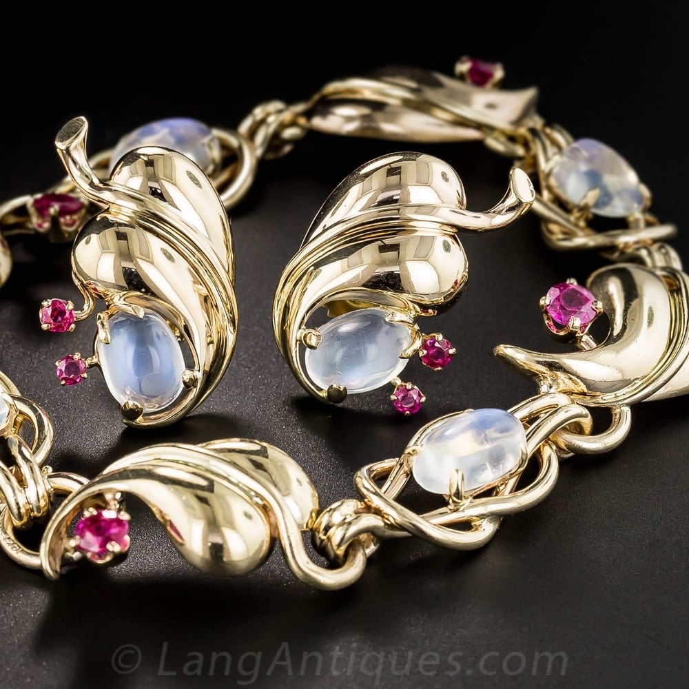 Retro Moonstone and Ruby Jewelry Suite.