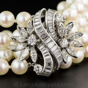 Mid Century Pearl Bracelet with Diamond Clasp.
