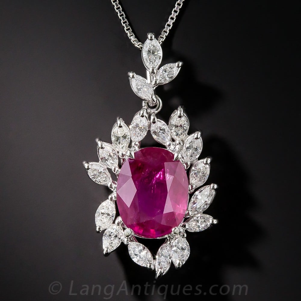 Burma Ruby, Diamond, and Platinum Pendant Necklace.