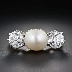 Antique Natural Pearl and Diamond Three Stone Ring.