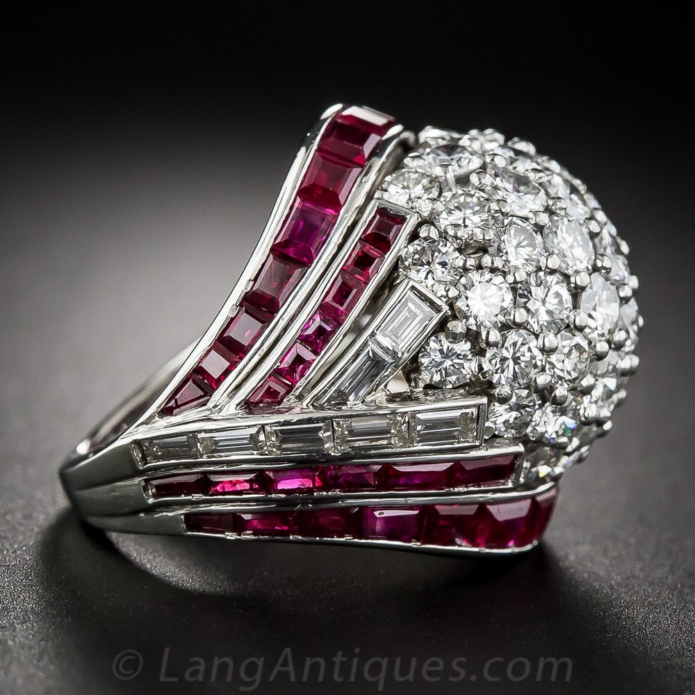 Art Deco - Retro Diamond and Ruby Bombe Cocktail Ring.