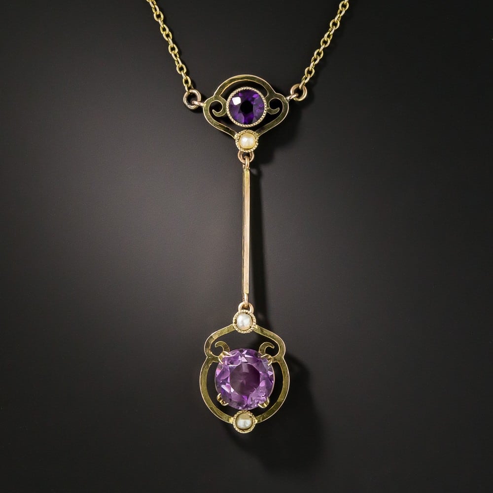 Arts & Crafts Amethyst and Seed Pearl "Edna May" Pendant-Necklace.