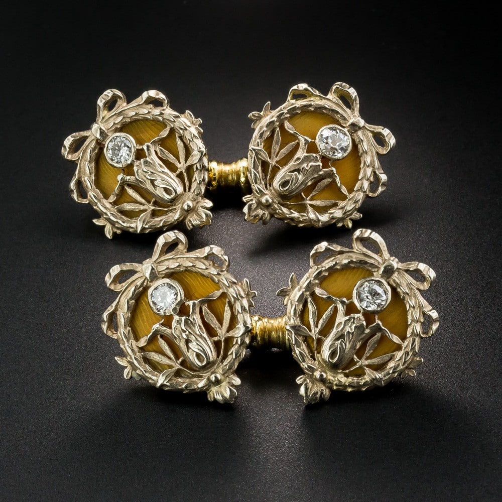 Art Nouveau (French-Russian) Diamond, Enamel Cuff Links.