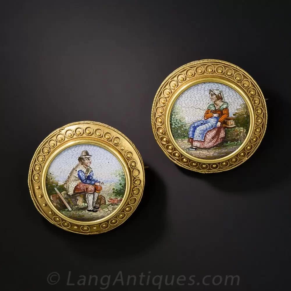 Pair of Etruscan Revival Victorian Micromosaic Pins.