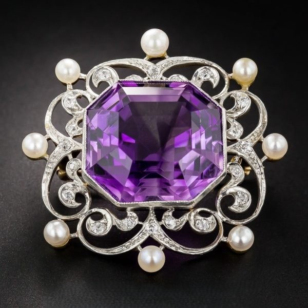 Edwardian Amethyst, Diamond, and Pearl Brooch.