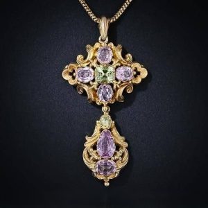 Georgian Repousse Pink Topaz and Chrysoberyl Pendant.