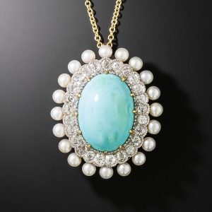 Edwardian Turquoise, Diamond and Seed Pearl Pendant, Marcus & Co.