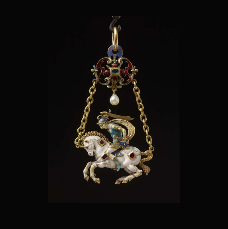 Pendant with Enameled White Horse and Rider and Pearl Drop. c.1525-1575. © The Trustees of the British Museum.