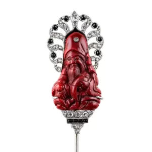 French Japonesque Cinnabar, Diamond and Onyx Jabot Pin.