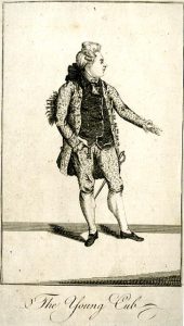 A Young Macaroni (Cahrles James Fox) Standing with One Arm Outstretched; a Plate from 'The Macaroni and Theatrical Magazine', January 1773, p.145 Etching. © The Trustees of the British Museum.