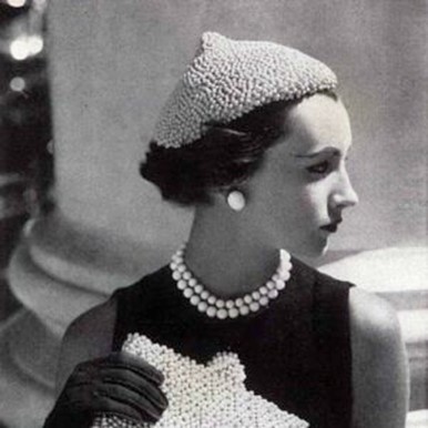 Mid-Century Style. BW Photo Woman Wearing Pearls.