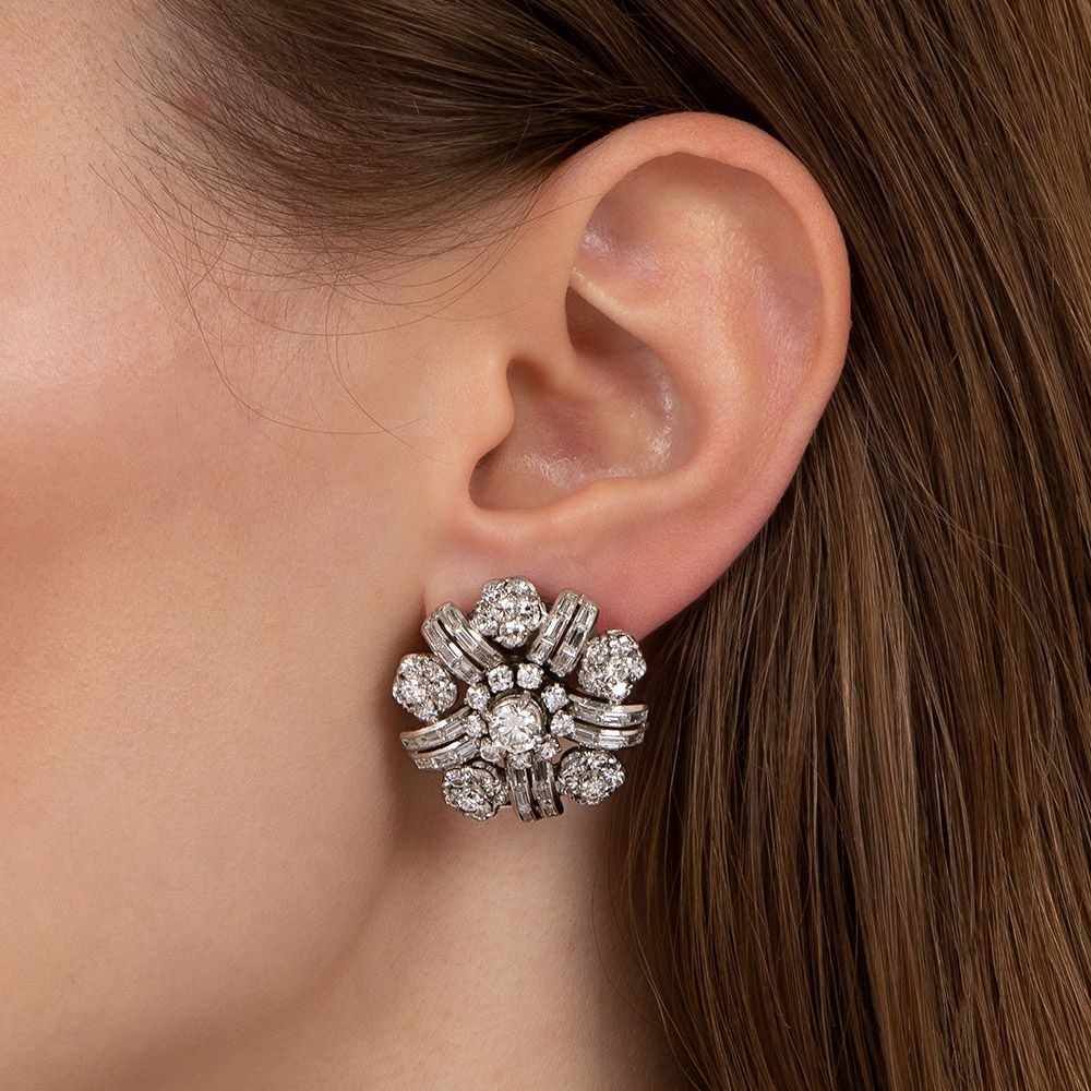 Mid-Century Diamond Flower Earrings.