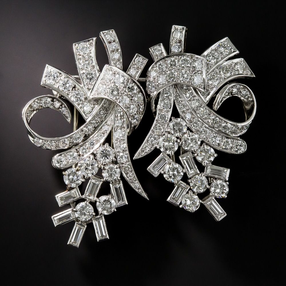 Mid-Century Platinum-Diamond Clips-Brooch