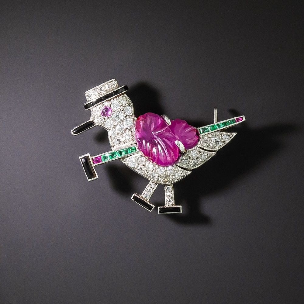 Art Deco Diamond and Gemset Dapper Bird Brooch Sporting a Walking Stick.