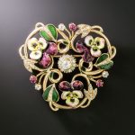 Late Victorian Shield-Shaped Enamel Pansy and Diamond Brooch.