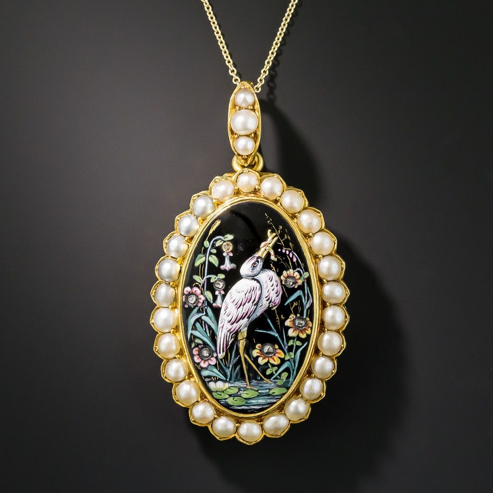 Victorian Enameled Crane Pendant/Brooch.