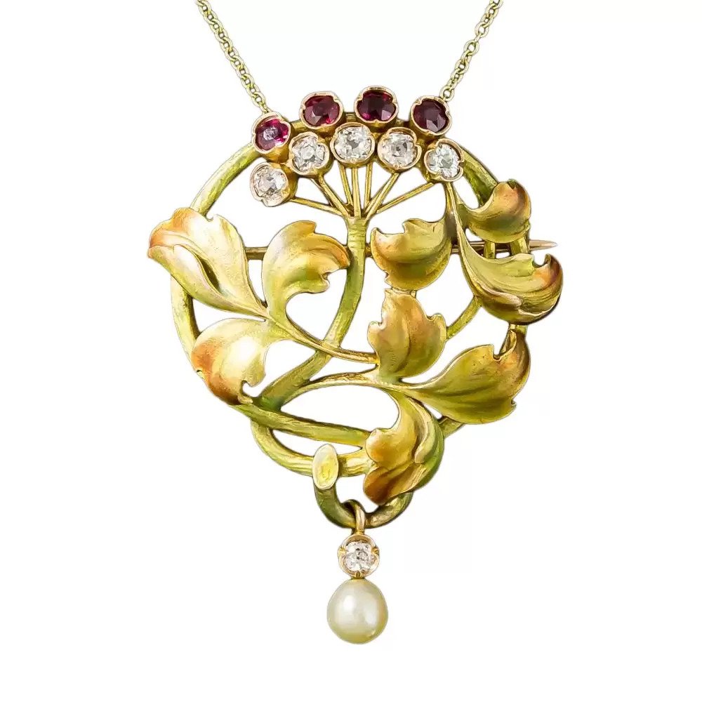 Art Nouveau Diamond, Pearl and Enamel Pendant.