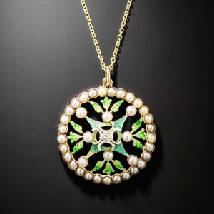 Enamel & Natural Pearl Necklace, Riker Bros.