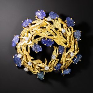 Mid-Century Carved Sapphire and Diamond Brooch, Haller Jewellery Co., London.
