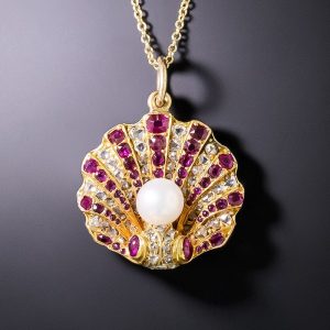 Victorian Ruby, Diamond, & Pearl Scallop Shell Pendant.
