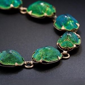Gold and Scarab Beetle Iridescent Green Carapace Necklace.
