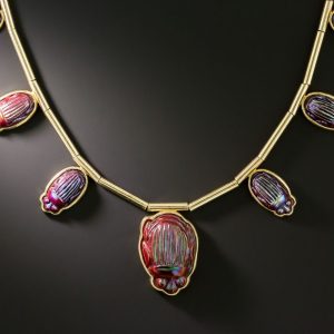 Egyptian Revival Favrile Glass Scarab Necklace.