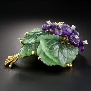 Carved Nephrite and Amethyst Floral Brooch.