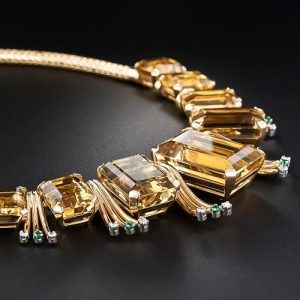 Retro Citrine, Emerald and Diamond Necklace.