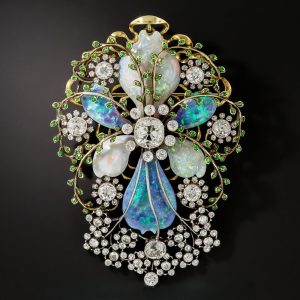 French Art Nouveau Opal and Diamond Brooch.
