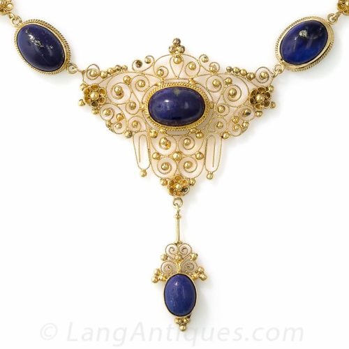 Lapis Lazuli Filigree Necklace with Wirework Tendrils, Scrolls, Coils, and Rosettes.