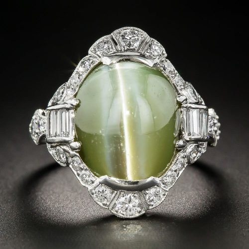 Cat's Eye Chrysoberyl, Diamond, Platinum Ring Exhibiting Chatoyancy.