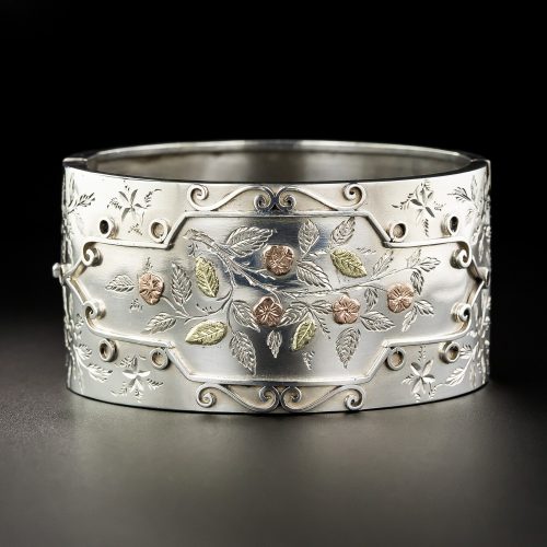 Victorian Silver Bangle with Floral and Foliate Motifs in Rose and Yellow Gold.