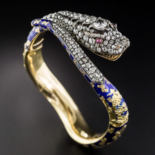 Victorian Diamond, Cobalt Blue Enamel, Bangle Bracelet c.1840.