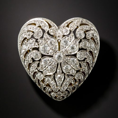 Edwardian Diamond Foliate Motif Heart Brooch.