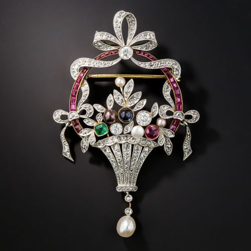 Edwardian Diamond and Multi-Gemstone Flower Basket Brooch.